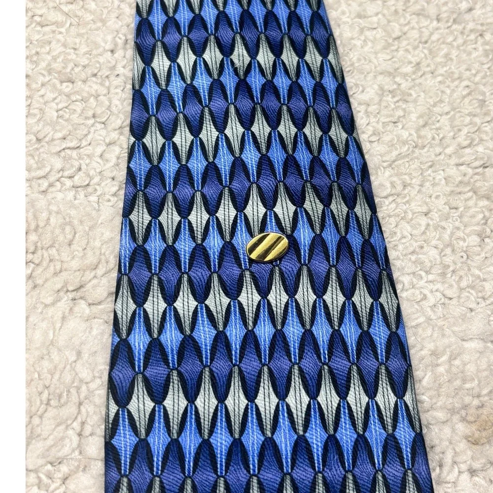 Louis Roth Silk Tie Mens OS Blue Silver‎ Geometric Diamond Hand Made Vintage